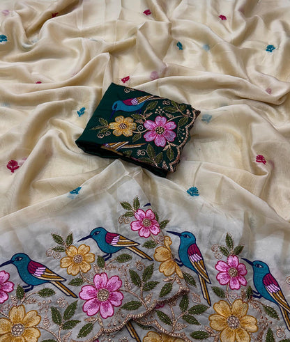 Rangoli Silk Saree with Heavy Floral Work Border & Contrast Designer Blouse