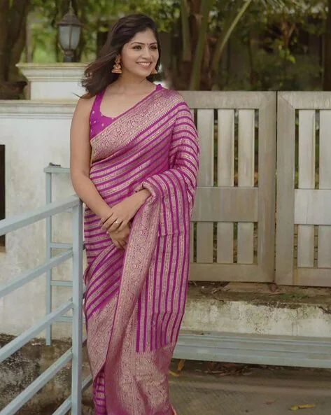 Purple Striped Zari Work Saree