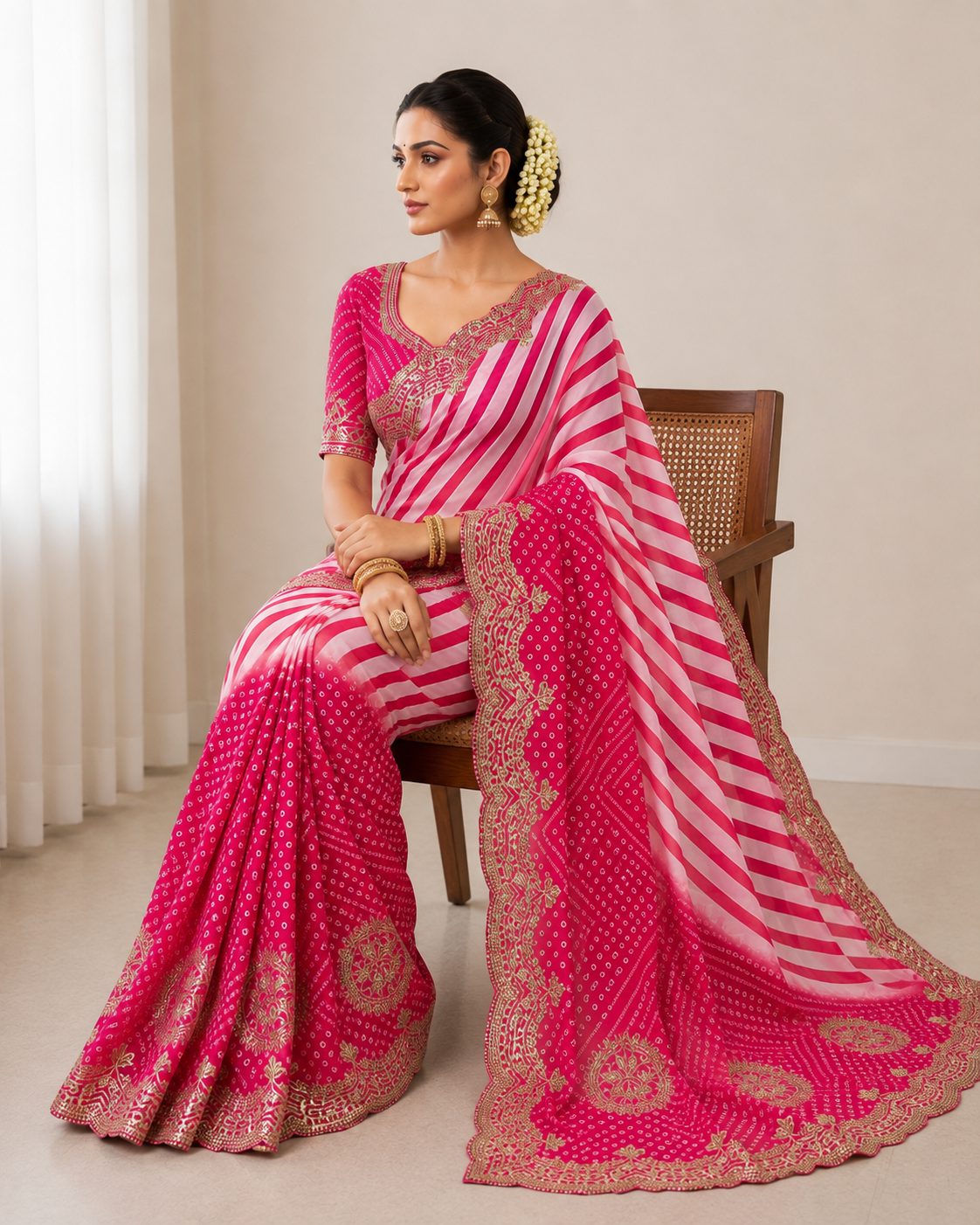 Chinon Digital Leheriya Saree with Heavy Gota Foil Work & Rich Pallu