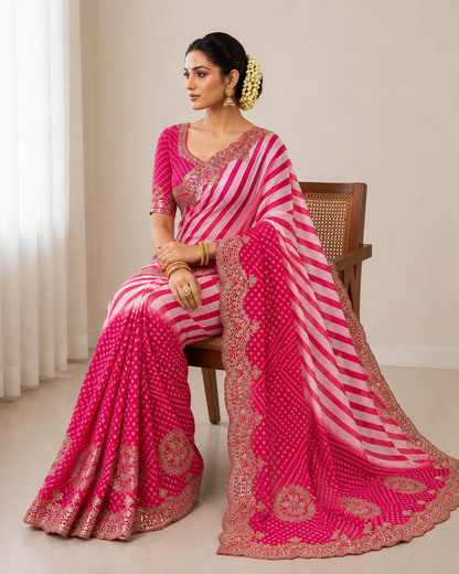 Chinon Digital Leheriya Saree with Heavy Gota Foil Work & Rich Pallu