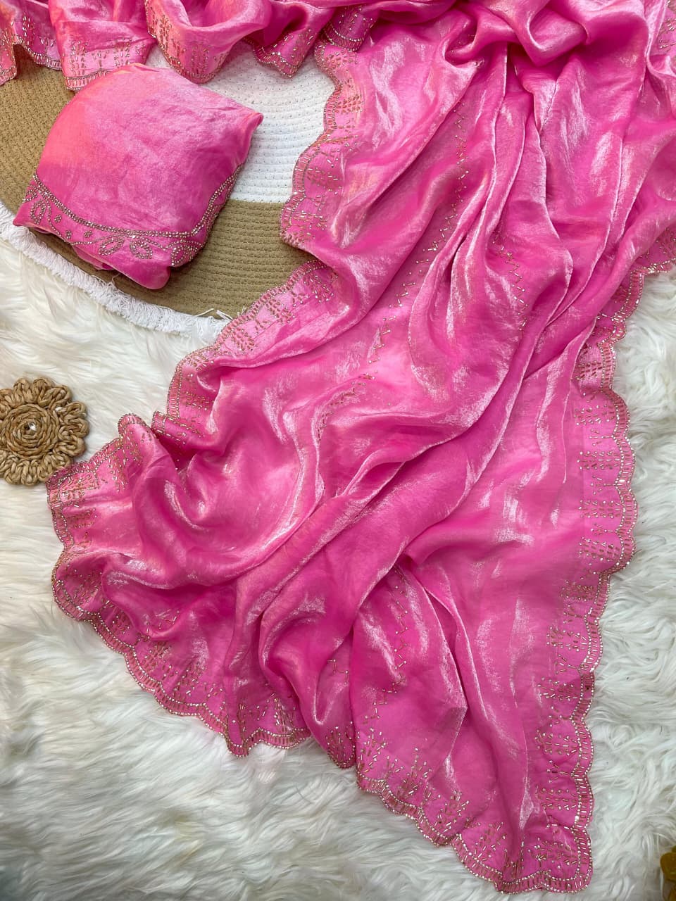Rupali Pink Space Silk Saree with Hand Jharkhand Cutdana Border & Designer Blouse