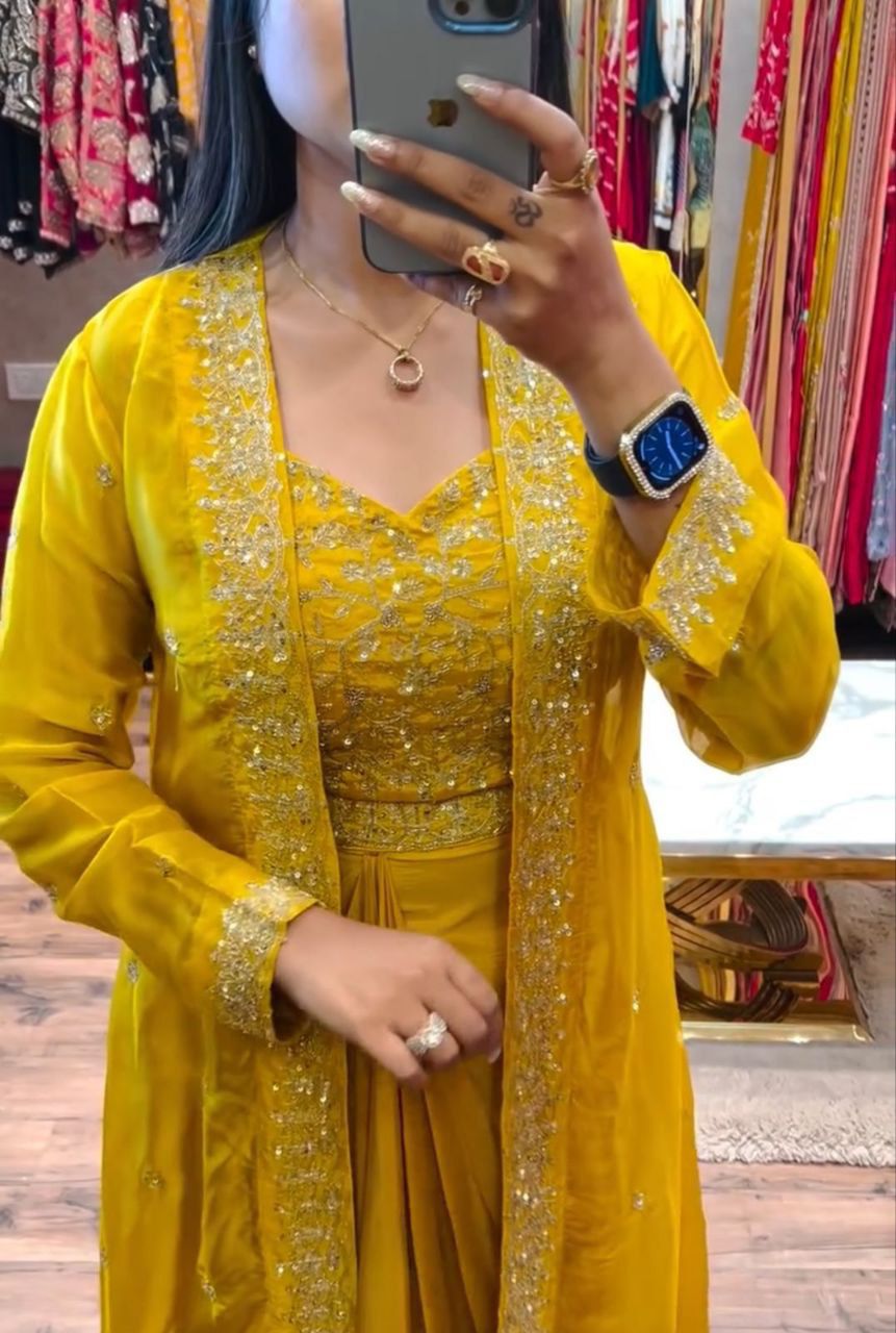 Premium Chinon Silk Embroidered Shrug Sharara Set – Party & Festive Wear