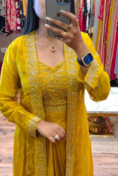 Premium Chinon Silk Embroidered Shrug Sharara Set – Party & Festive Wear