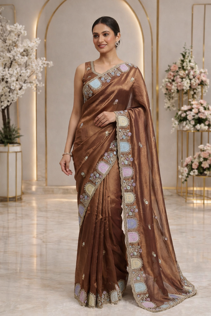 Star Satin Georgette Saree with Thread & Sequins Embroidery Border