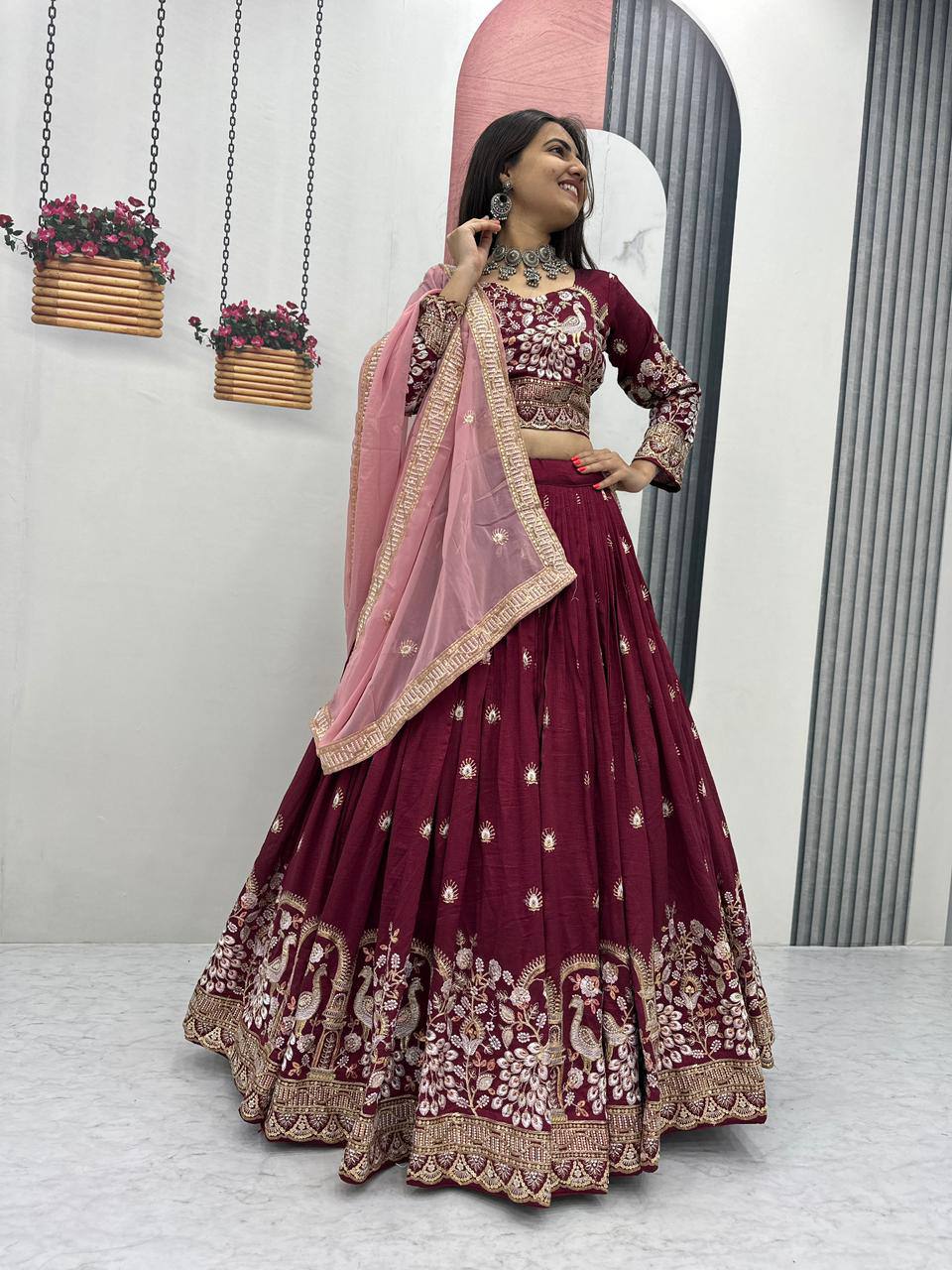 Vichitra Silk Heavy Embroidered Lehenga Choli with Dupatta – Real Model Look