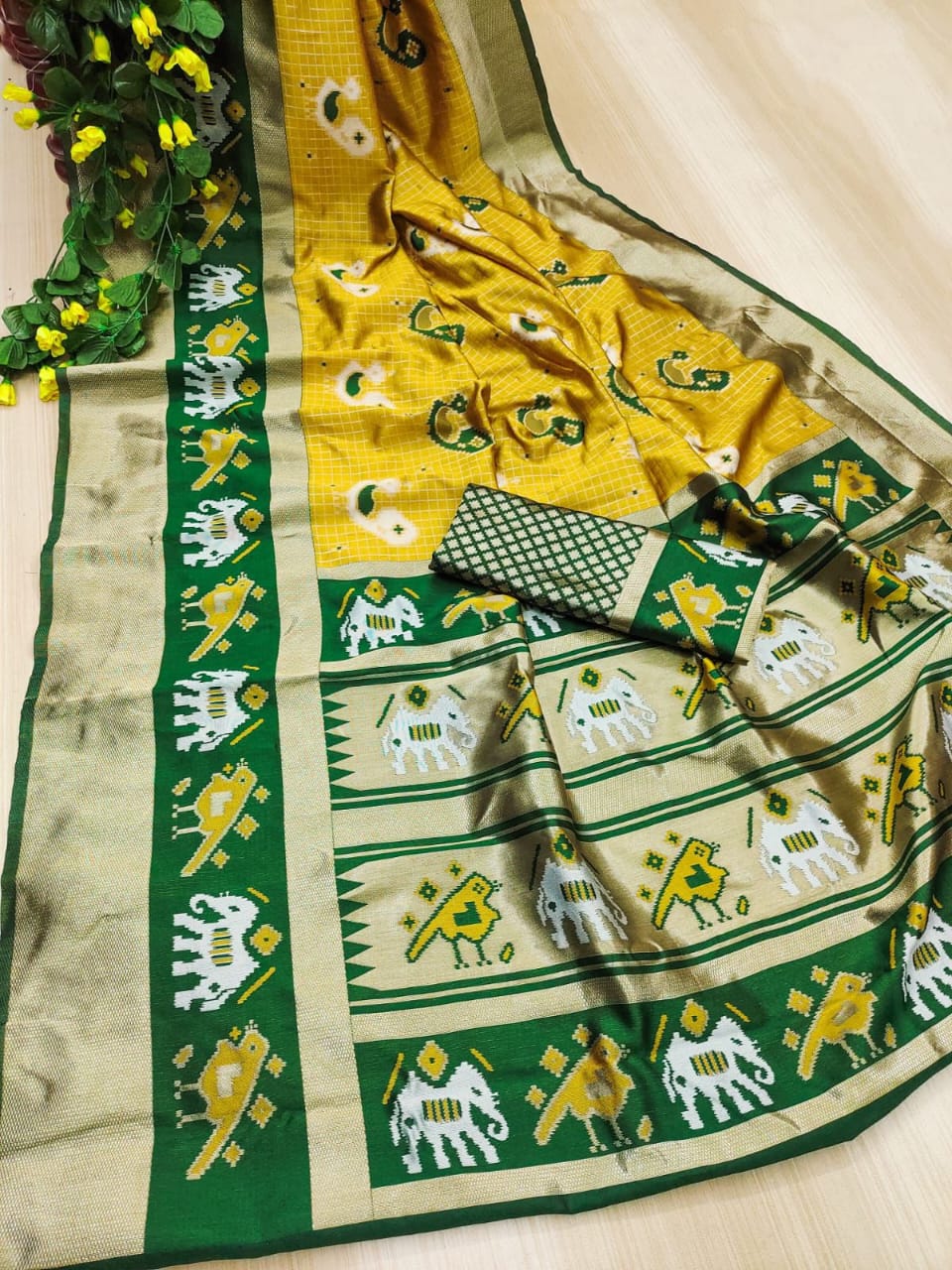 Soft Lichi Printed Saree with Elephant Border