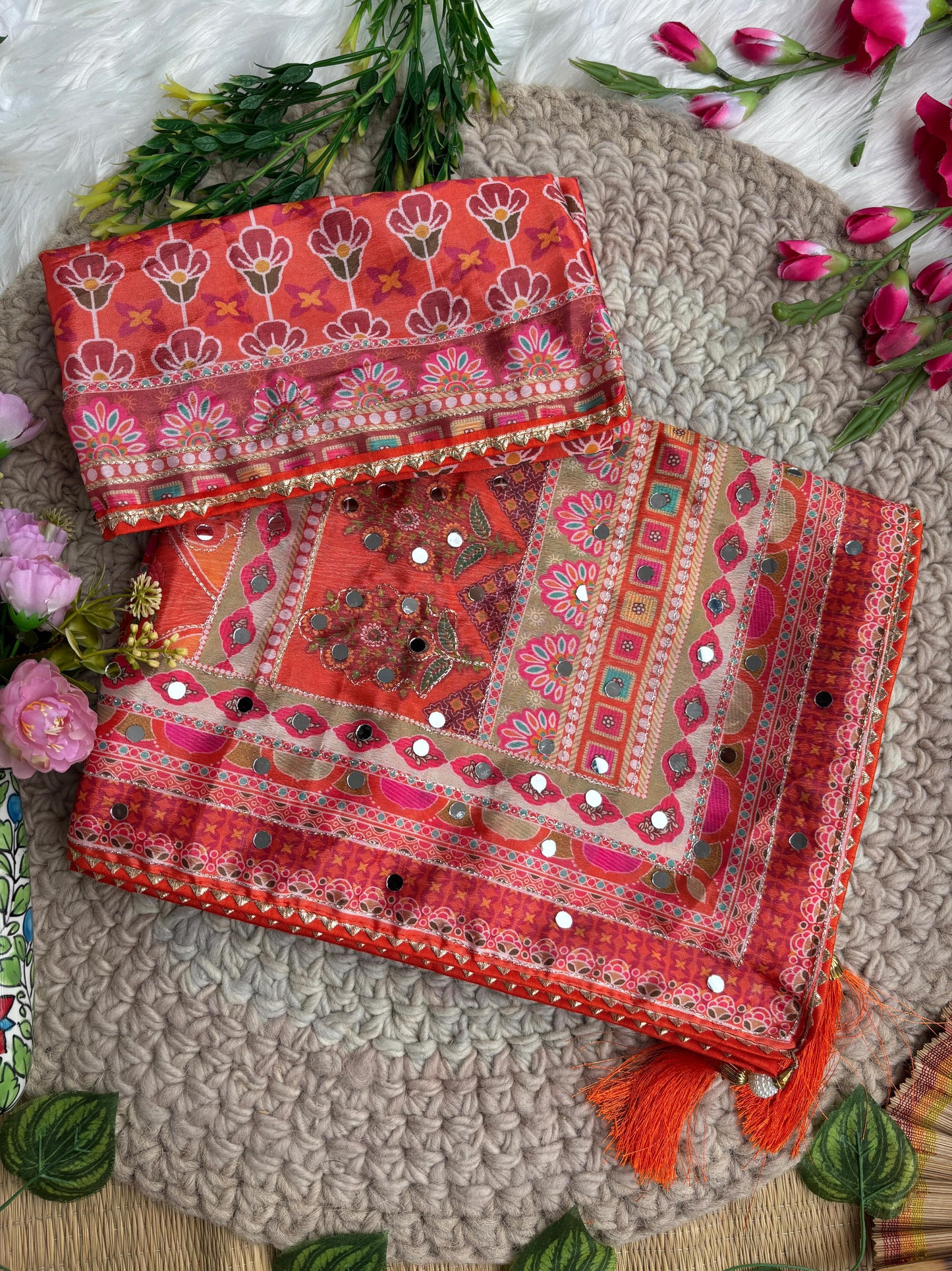 Karigari Soft Chinon Silk Digital Print Saree with Hand Aari Work & 2000+ Real Mirror Work