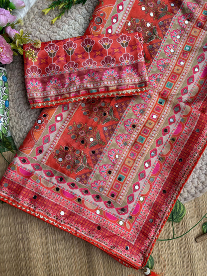 Karigari Soft Chinon Silk Digital Print Saree with Hand Aari Work & 2000+ Real Mirror Work