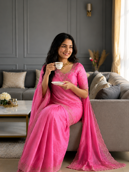 Rupali Pink Space Silk Saree with Hand Jharkhand Cutdana Border & Designer Blouse