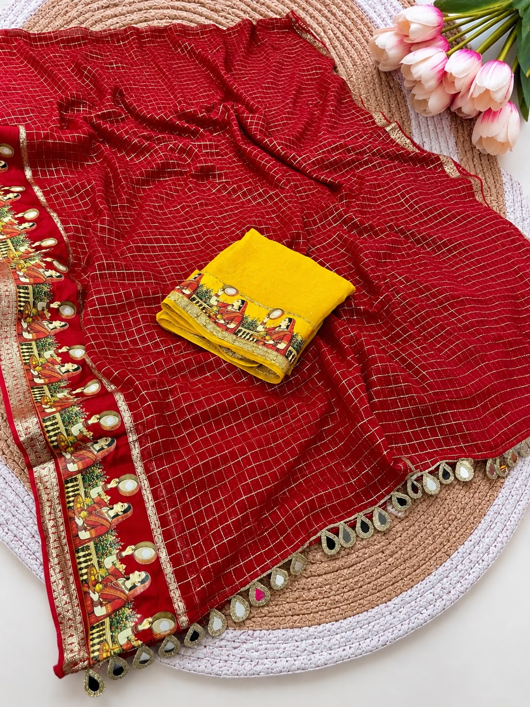 Karwa Chauth Special Viscose Checks Saree with Zari & Mirror Work Satin Border