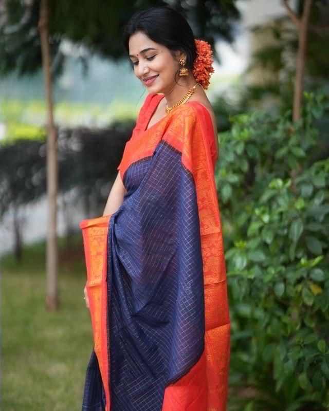 Navy Blue Cotton Saree with Red Traditional Border
