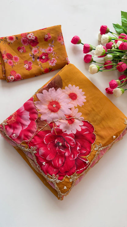 Guldasta Pure Georgette Silk Saree with Digital Floral Print & Cutdana Work