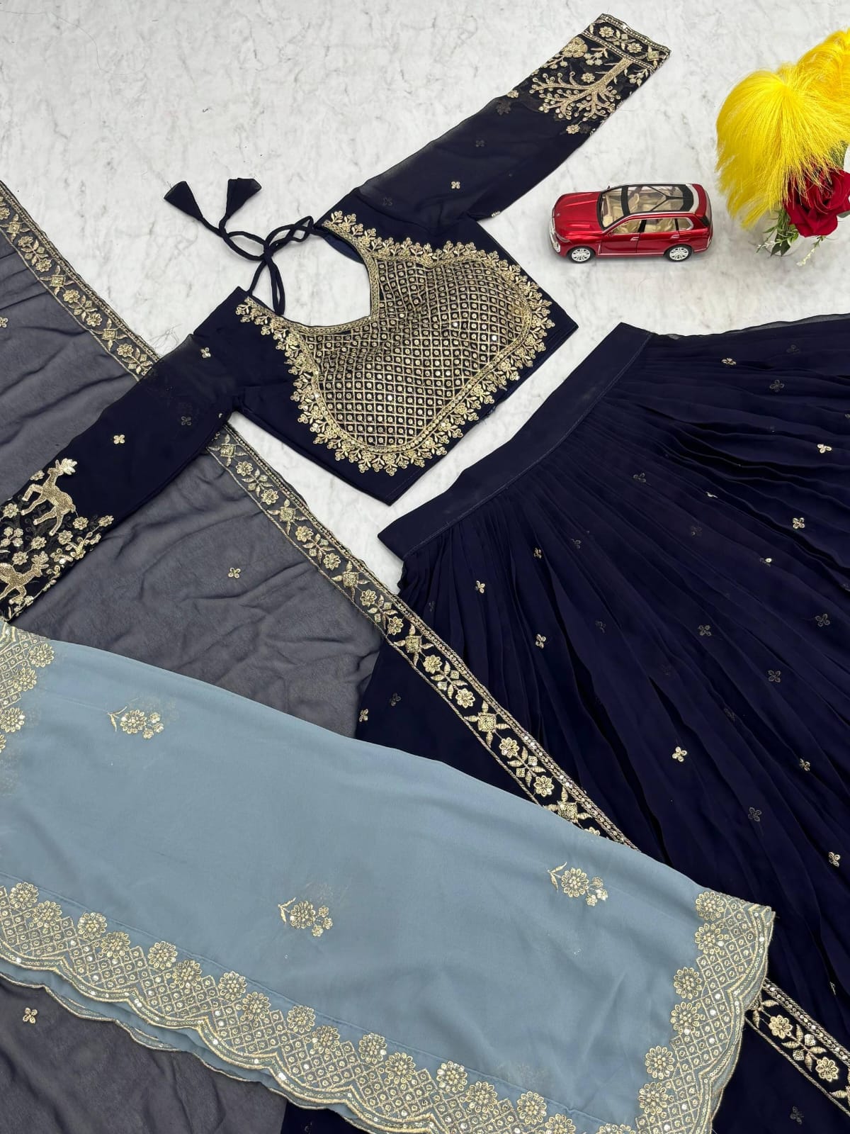 Navy Blue Embroidered Wedding Lehenga Choli with Dupatta