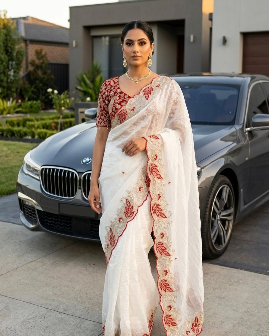 Elegant Crystal Crush Tissue Saree – Designer Embroidered Party Wear