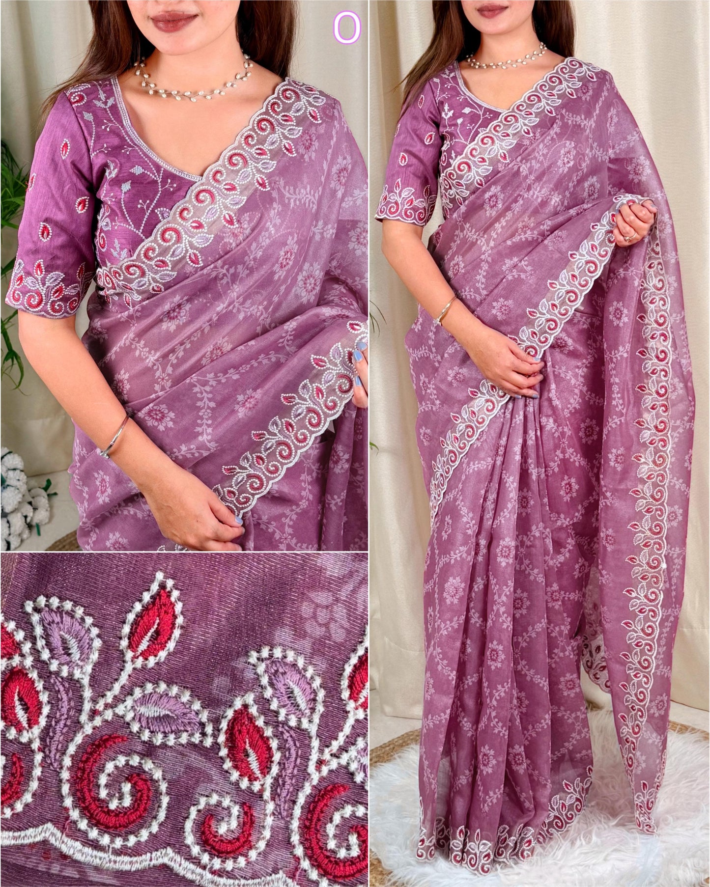 Barfi Cotton Satin Embroidered Saree with Designer Blouse