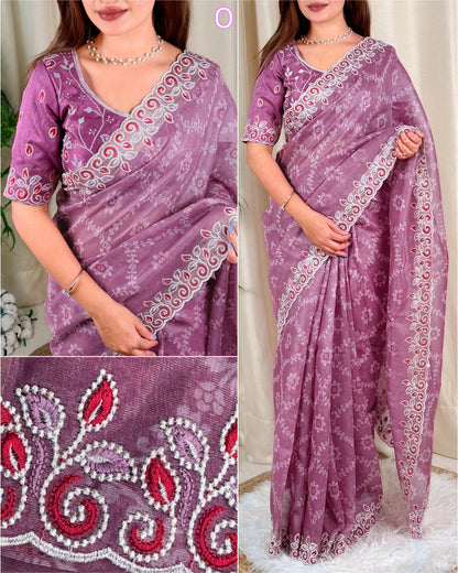Barfi Cotton Satin Embroidered Saree with Designer Blouse