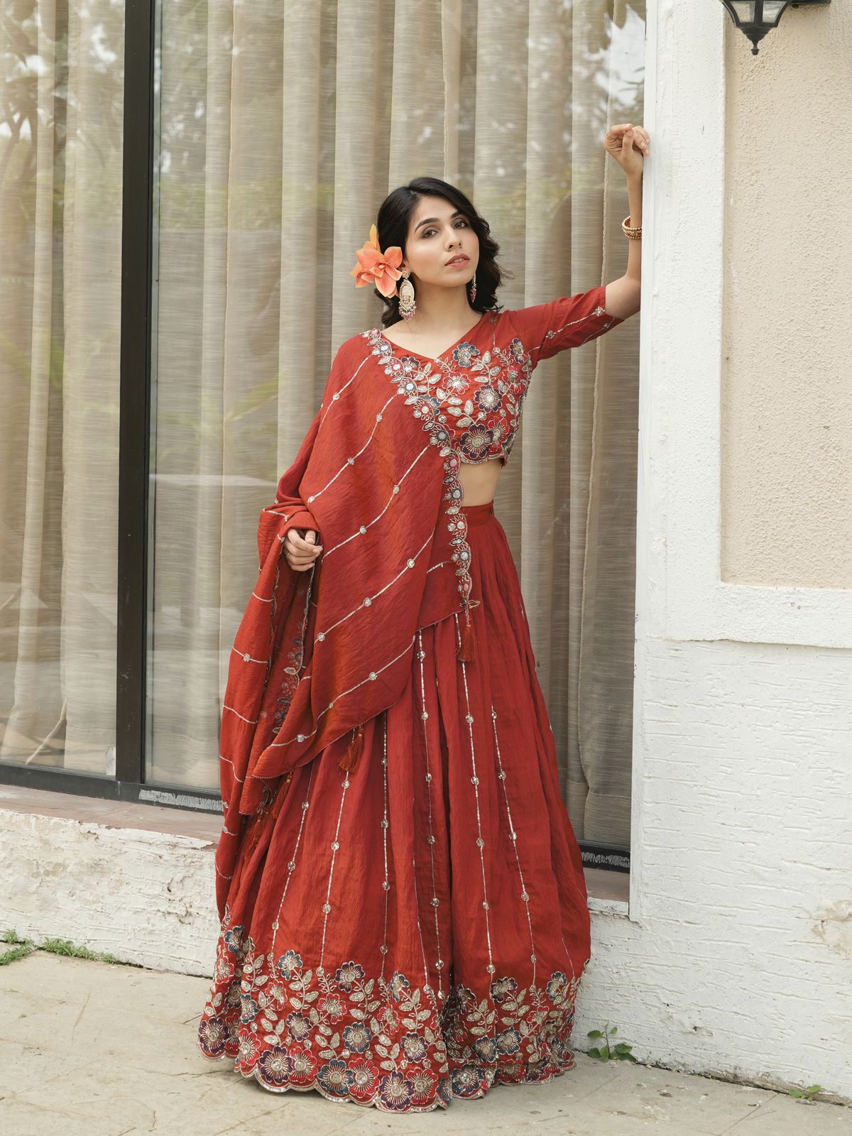 Designer Rust Orange Embroidery Lehenga Set