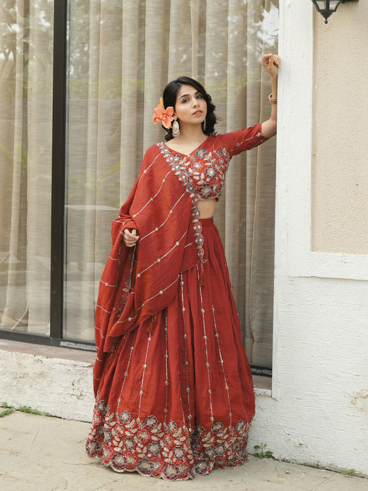 Designer Rust Orange Embroidery Lehenga Set