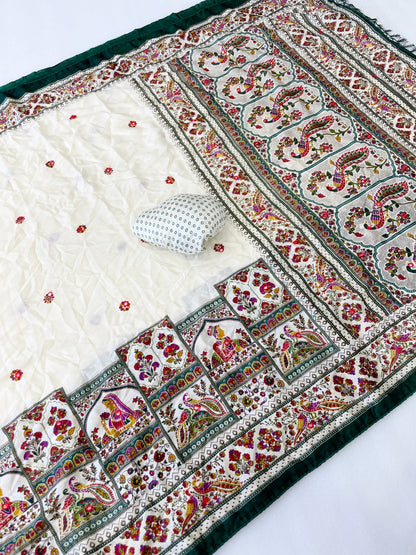 Premium Pure Moss Chiffon Saree with Peacock Floral Print & Mirror Work