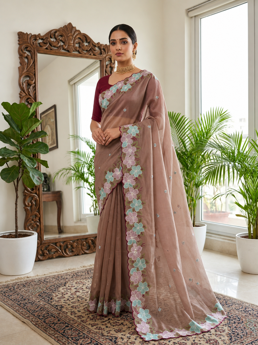 SASHA Kota Doriya Embroidered Saree with Contrast Blouse