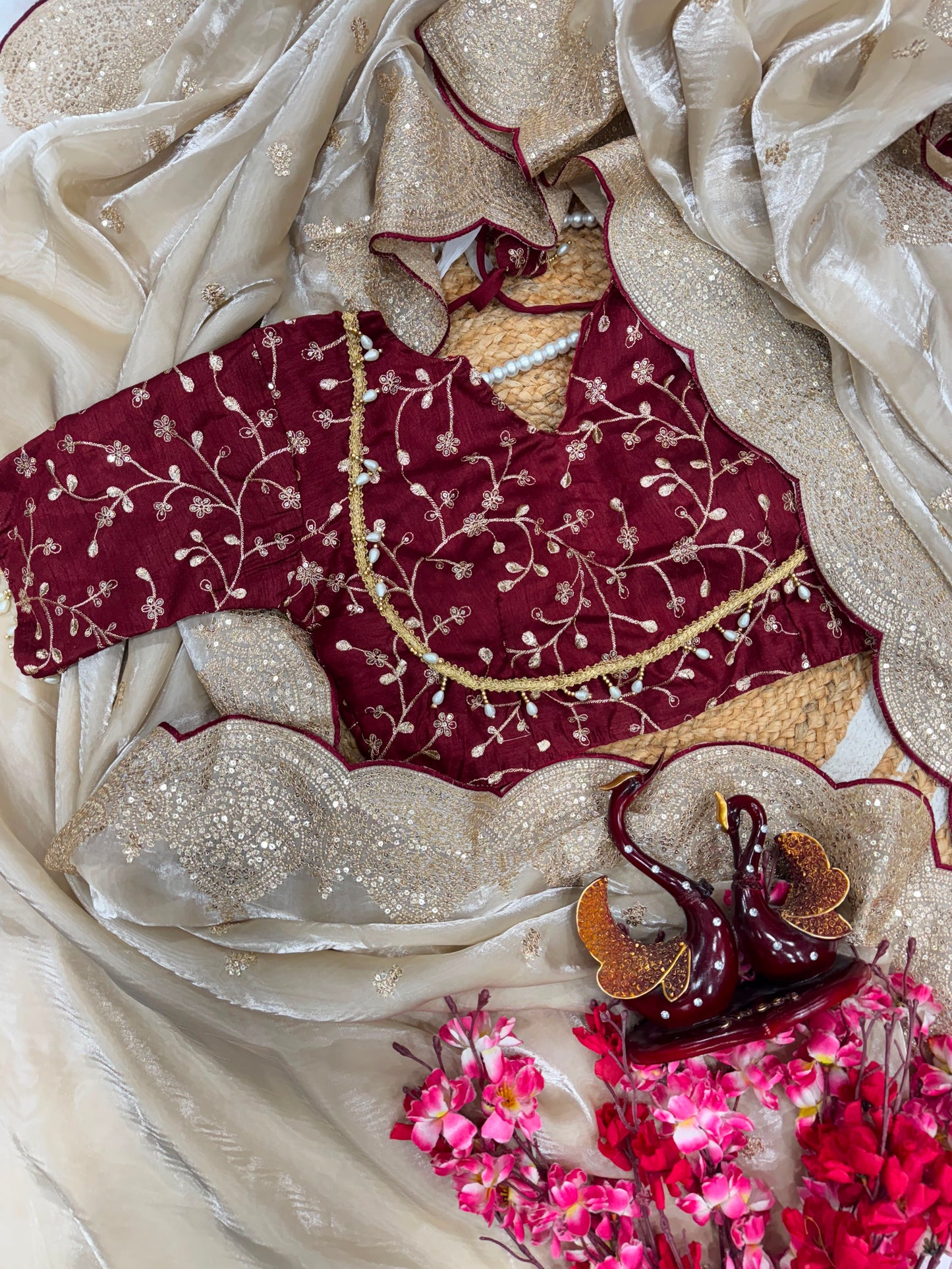 Cream Soft Jimmy Chuu Saree with Sequins & Zari Embroidery Work