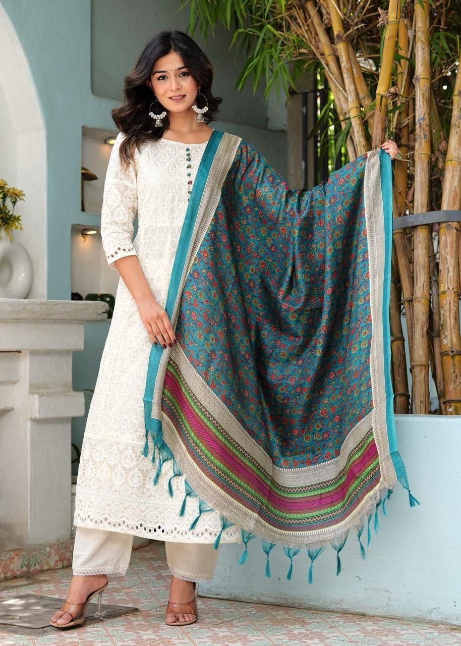 Pure Chikankari Cotton Anarkali Kurti Pant Dupatta Set – Summer Collection
