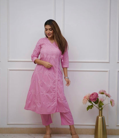 Cotton Chikankari Angrakha Kurti Set