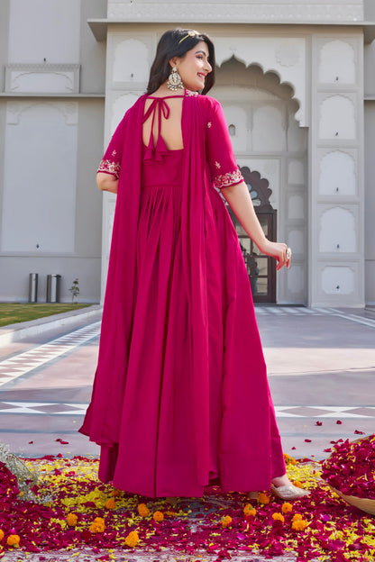 Festival Wear Embroidered Long Gown With Dupatta