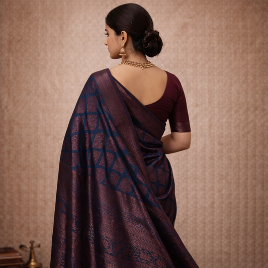 Navy Blue & Wine Jacquard Silk Saree