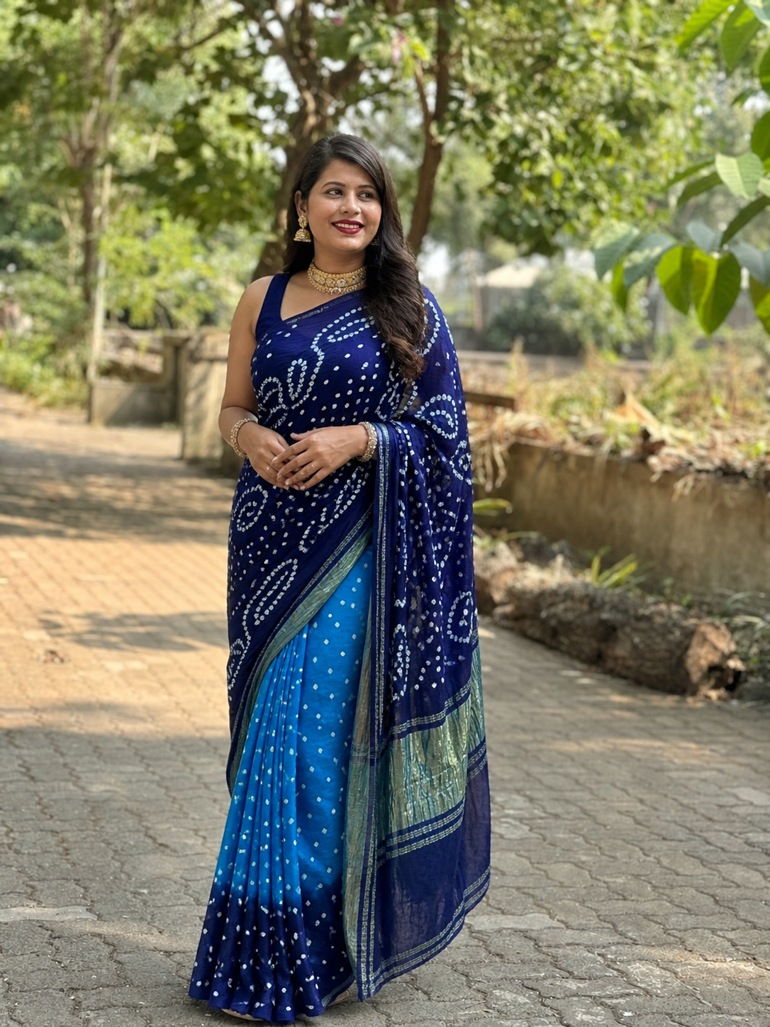 Pure Gaji Silk Bandhani Saree with Gota Patti Handwork | Traditional Lagadi Patta Design