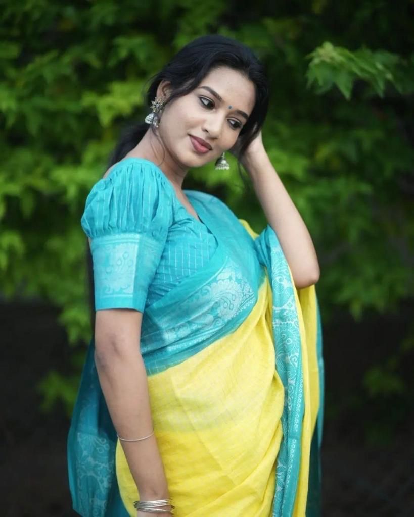 Yellow Cotton Saree with Turquoise Blue Border