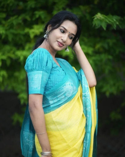Yellow Cotton Saree with Turquoise Blue Border