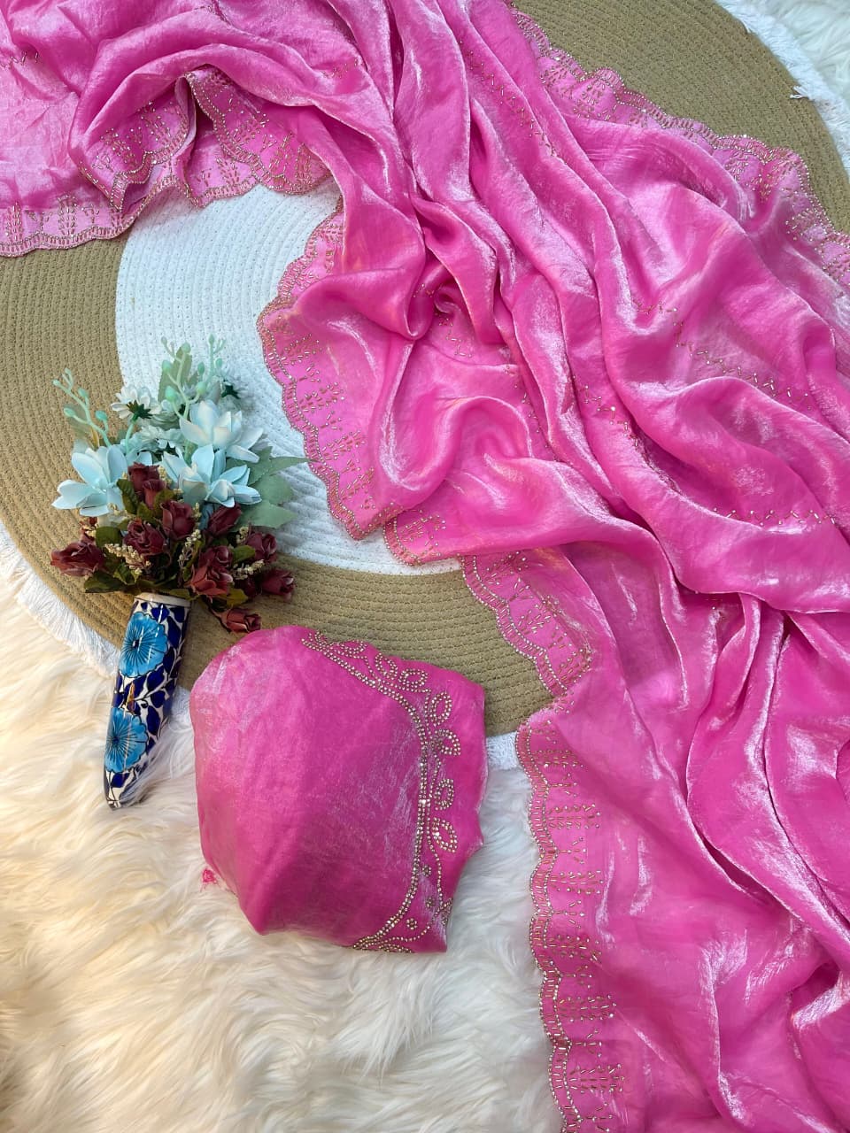 Rupali Pink Space Silk Saree with Hand Jharkhand Cutdana Border & Designer Blouse