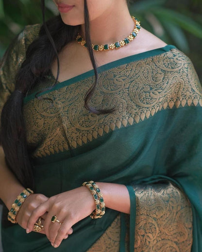 Dark Green Elegant Zari Silk Saree