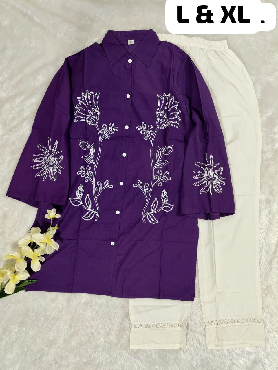 Premium Cotton Embroidered Cord-Set for Women – Designer Shirt Top with Pant (Purple & Pink)
