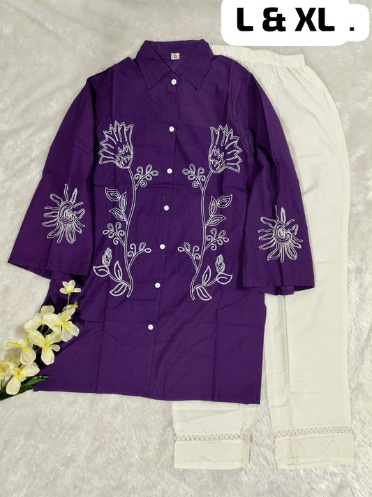 Premium Cotton Embroidered Cord-Set for Women – Designer Shirt Top with Pant (Purple & Pink)