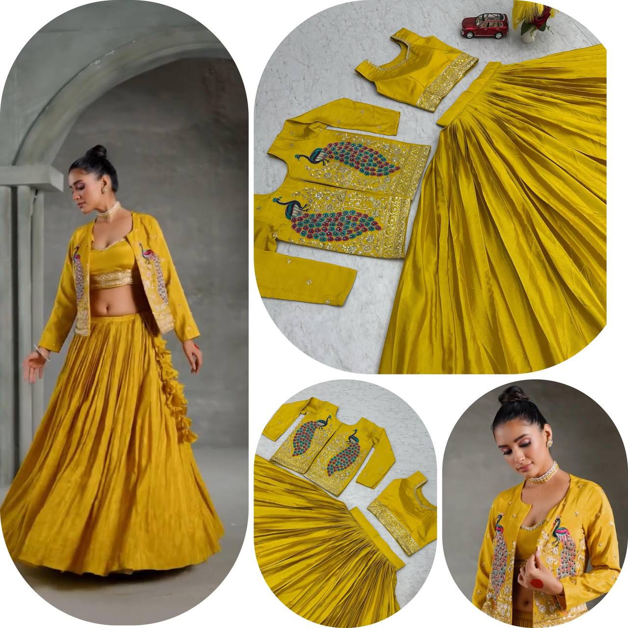 Festival Special Chinon Crop Top Lehenga with Embroidered Jacket (Yellow)