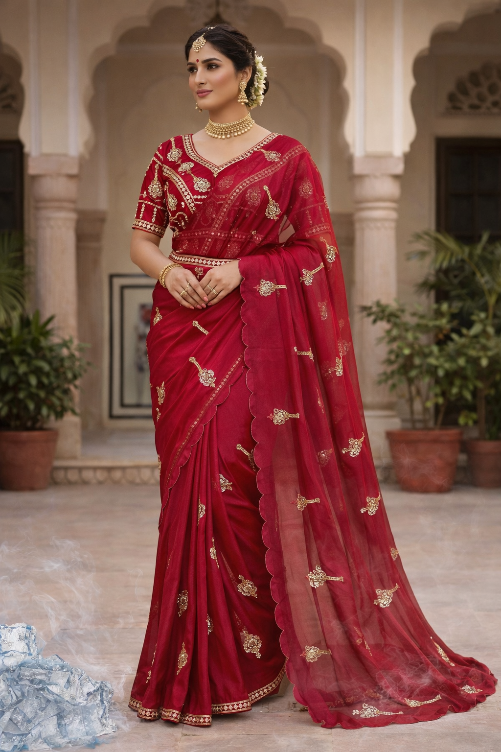 Bollywood Style Fandy Satin Saree with Khatli Embroidery Work & Designer Blouse
