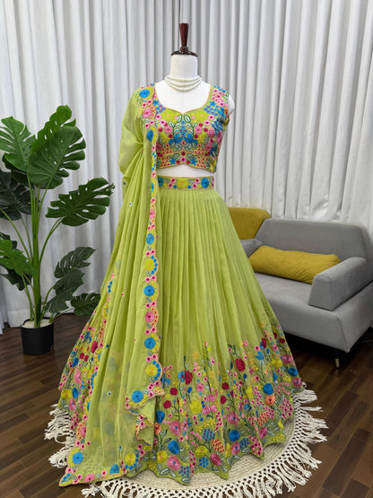Parrot Green Floral Embroidered Organza Silk Lehenga Choli with Dupatta