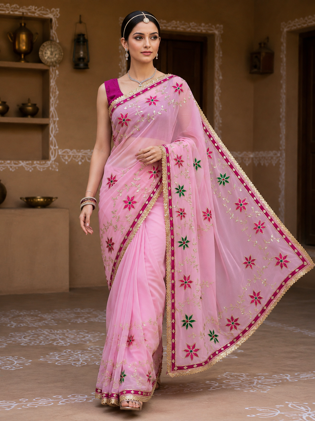 Hand Charkhi Gota Patti Work Georgette Saree