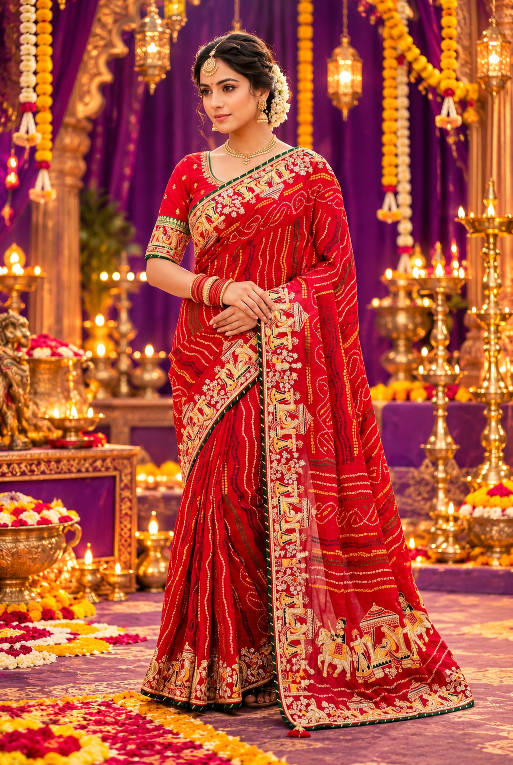Heavy Bandhani Saree with Multi Coding C-Pallu, Diamond Work & All-Over Butti
