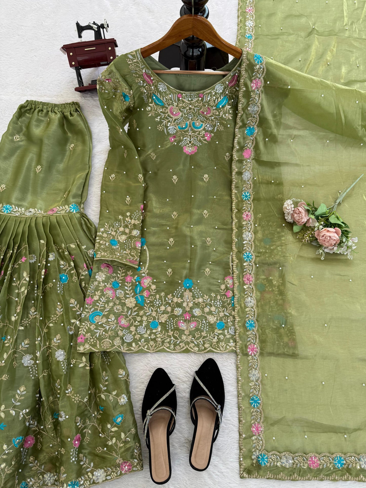5000 Series Premium JMC Silk Anarkali Sharara Set with Heavy Embroidery & Dupatta