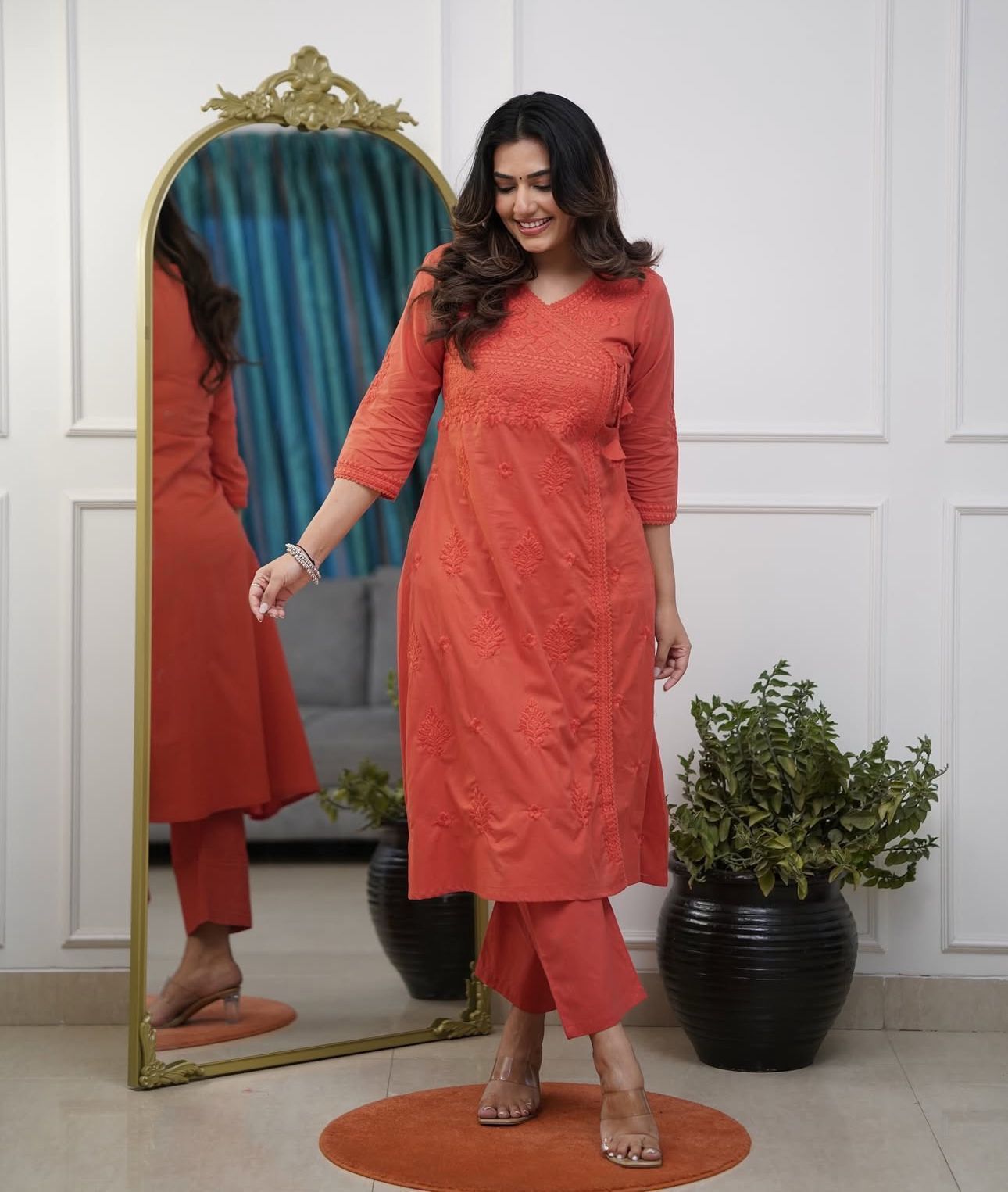 Cotton Chikankari Angrakha Pant Set
