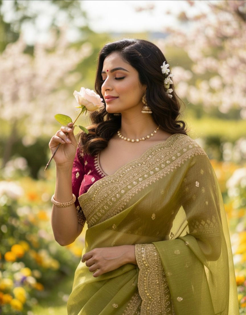 Elegant Space Chiffon Embroidery Saree with Scallop Border