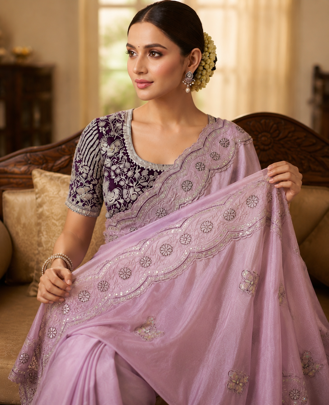 Sabyasachi Inspired Space Silk Saree with Butterfly Embroidery & Stitched Blouse