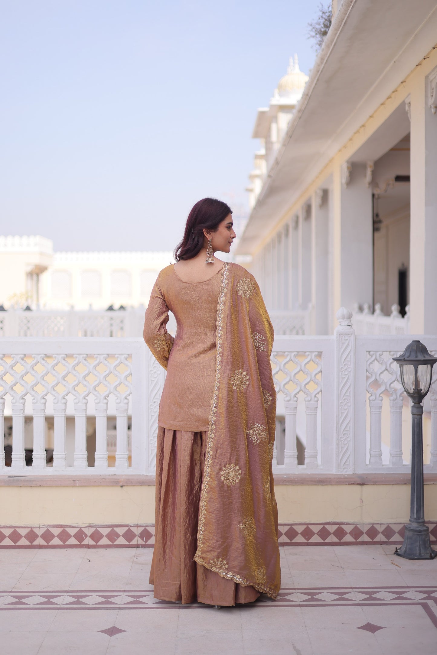 Premium Designer Fendi Crush Top Sharara Dupatta Set with Zari & Sequins Work – Mehendi Green & Copper Brown