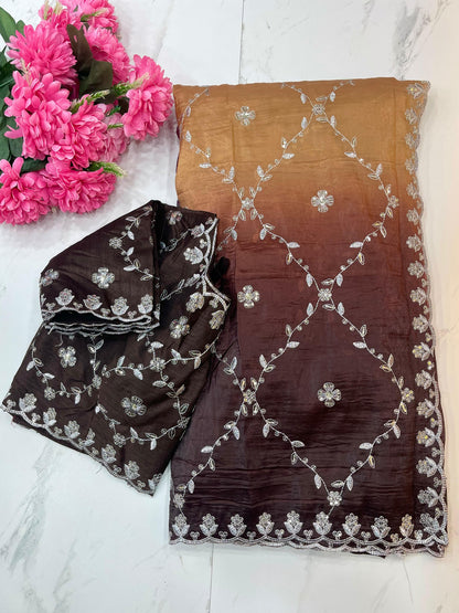 Gold Crush Embroidery Sequence Work Saree With Fully Stitched Blouse (5 Colours)