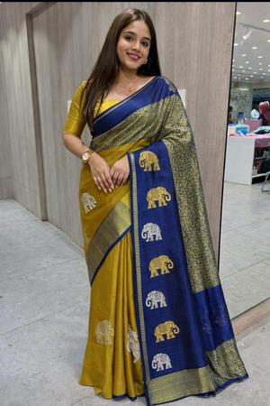Mustard Blue Elephant Saree