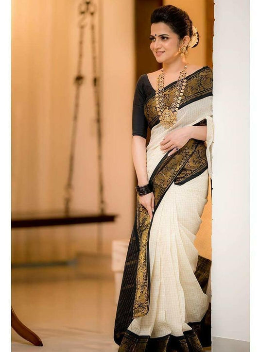 Off White Saree with Black & Gold Classic Border
