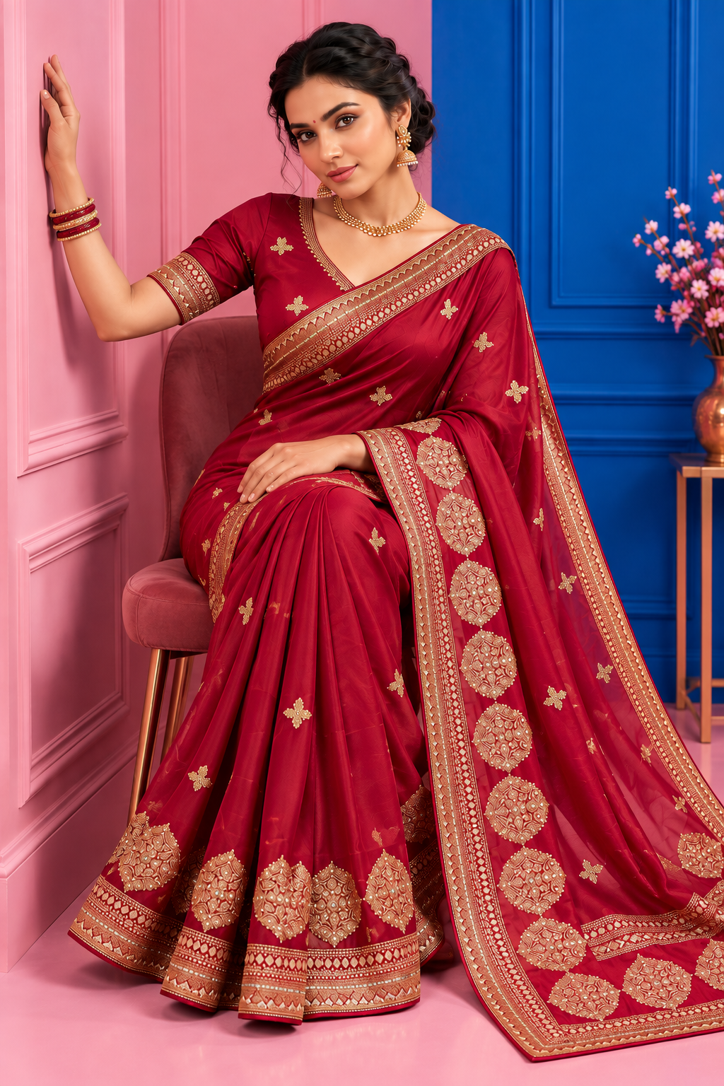 Premium Vichitra Silk Saree with Heavy Zari Sequins Work, Butti & Cutwork Border